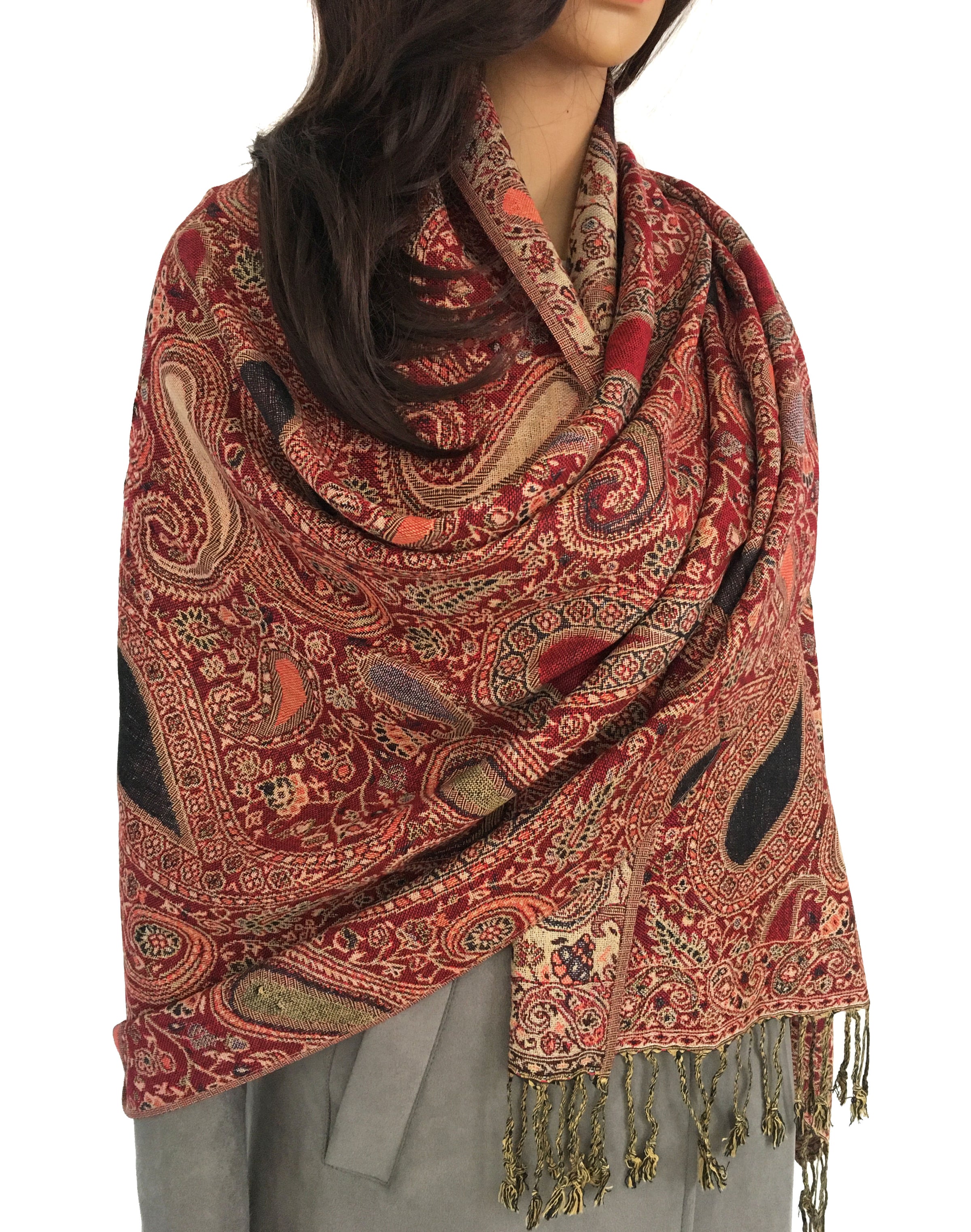 Sure Design Nepal Traditional Paisley Pashmina Shawl Scarf in Red