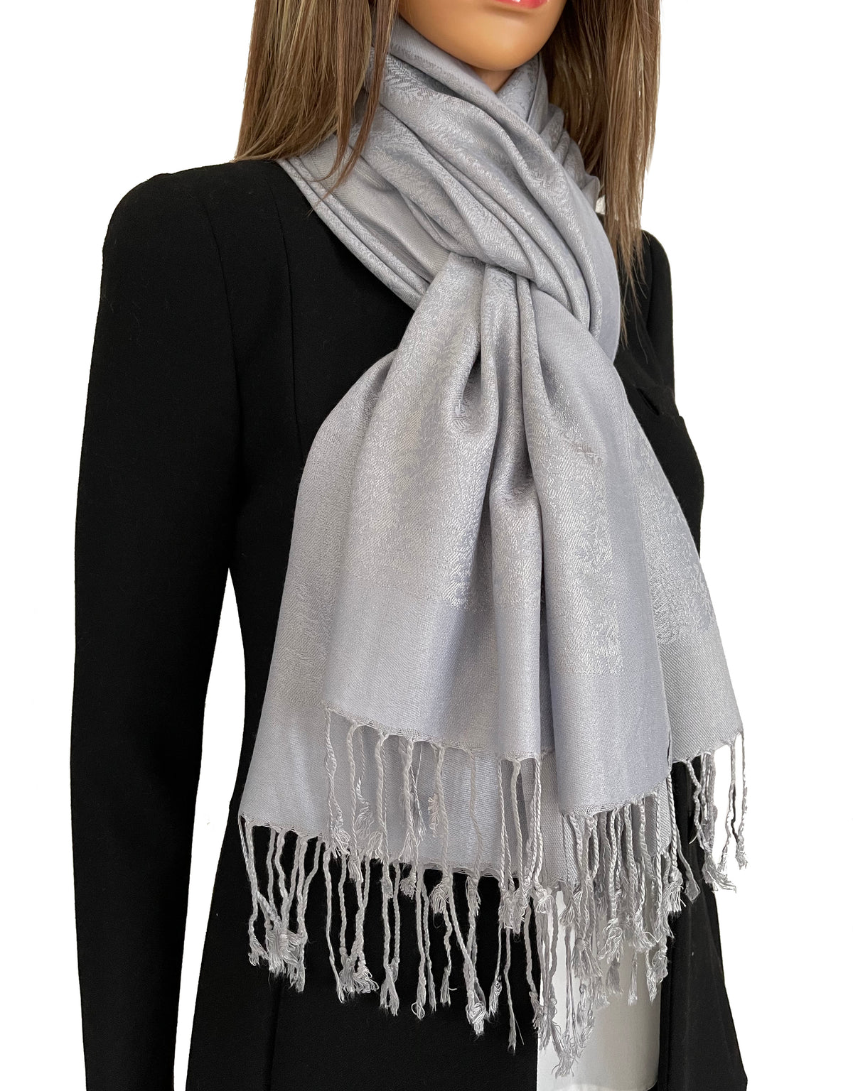 SILVER GREY PAISLEY PRINT REVERSIBLE PASHMINA SHAWL SCARF