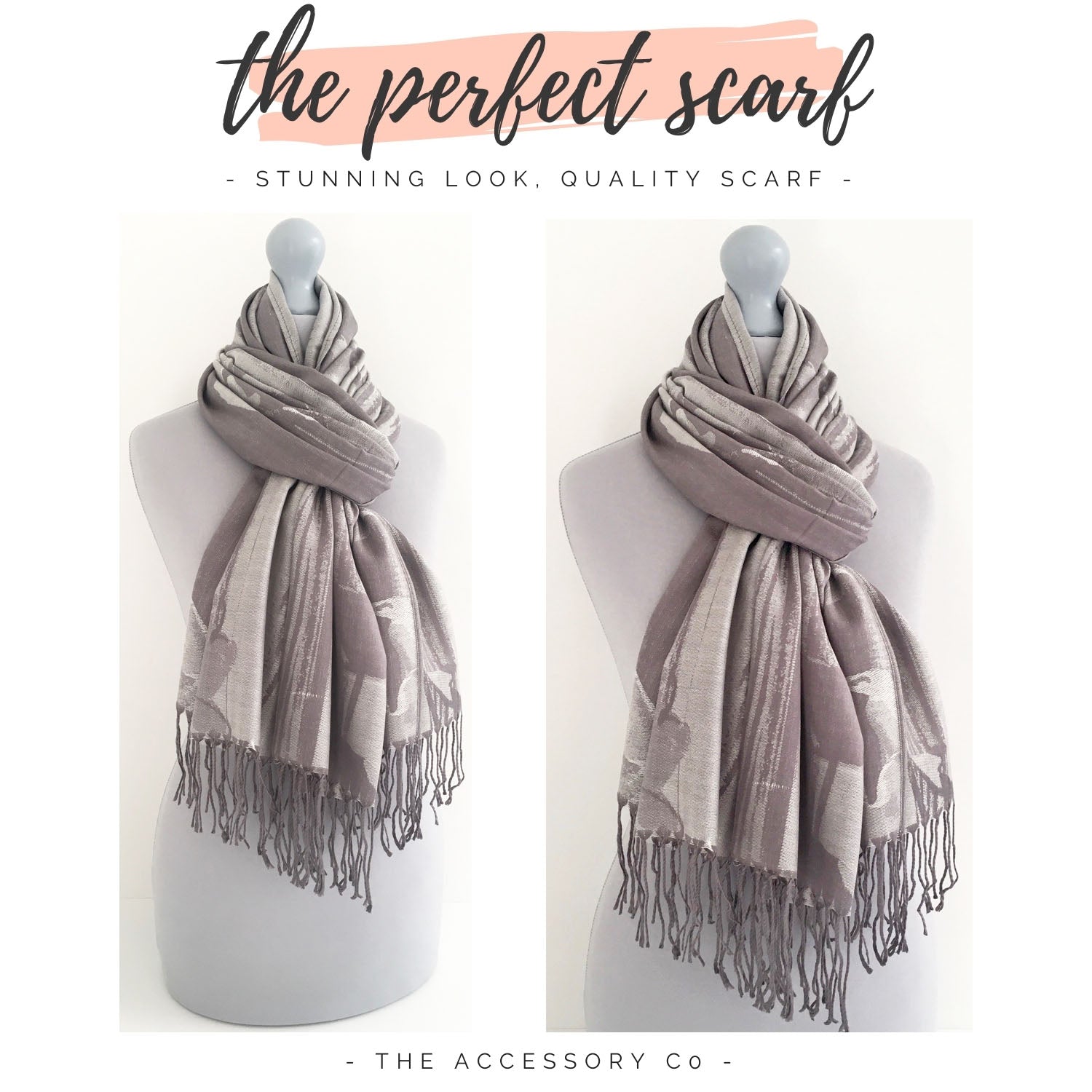 SILVER GREY REVERSIBLE PASHMINA SHAWL SCARF IN ABSTRACT FLORAL PRINT