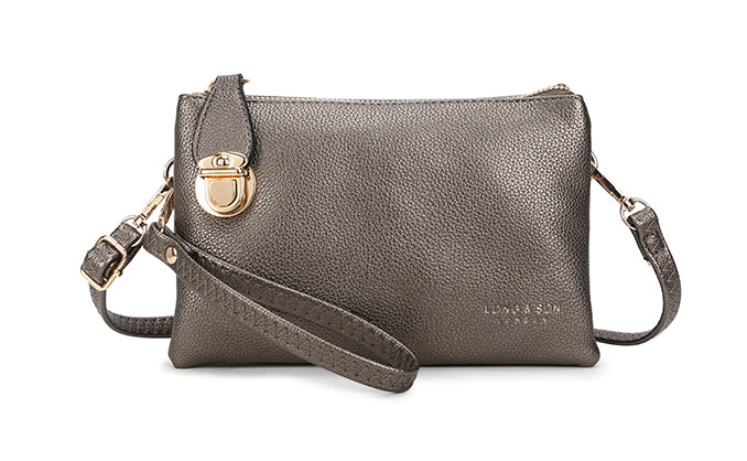 SMALL MULTI-POCKET CROSS BODY CLUTCH BAG WITH WRISTLET - PEWTER