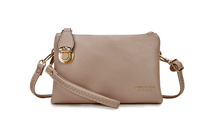 SMALL MULTI-POCKET CROSS BODY CLUTCH BAG WITH WRISTLET - TAUPE
