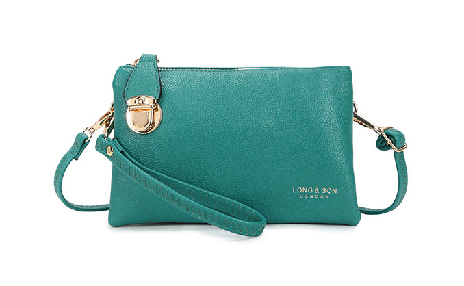 SMALL MULTI-POCKET CROSS BODY CLUTCH BAG WITH WRISTLET - TEAL