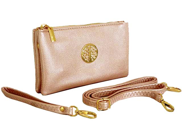 A-SHU SMALL MULTI-COMPARTMENT CROSS-BODY PURSE BAG WITH WRIST AND LONG STRAPS - METALLIC PINK - A-SHU.CO.UK