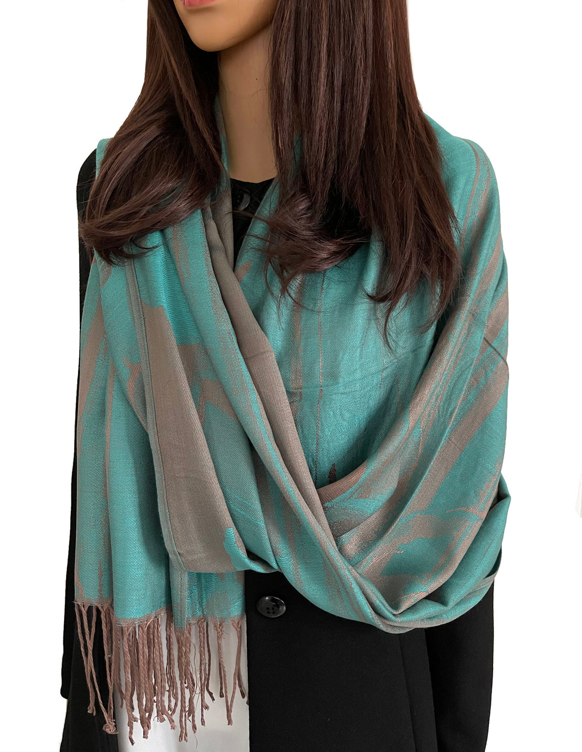 A-SHU TURQUOISE REVERSIBLE PASHMINA SCARF IN ABSTRACT FLORAL PRINT –