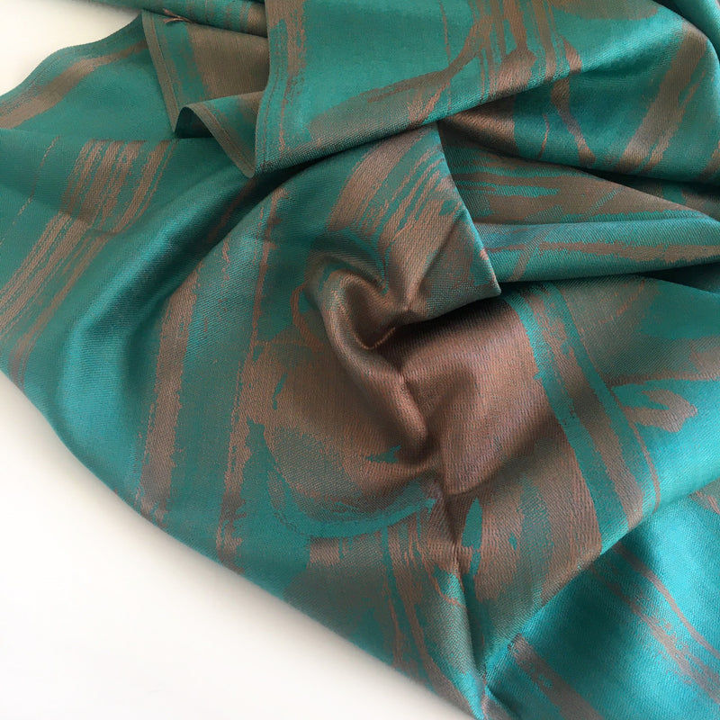 A-SHU TURQUOISE BRONZE REVERSIBLE PASHMINA SHAWL SCARF IN ABSTRACT FLORAL PRINT - A-SHU.CO.UK
