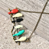 A-SHU COLOURFUL BIRDS ON A BRANCH LONG BIRD NECKLACE WITH ANTIQUE GOLD CHAIN - A-SHU.CO.UK