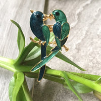 A-SHU TURQUOISE GREEN PAIR OF PARROTS 3-D BROOCH PIN - A-SHU.CO.UK