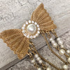 A-SHU VINTAGE GOLD METAL DIAMANTE BOW BROOCH PIN WITH PEARL CHAIN - A-SHU.CO.UK