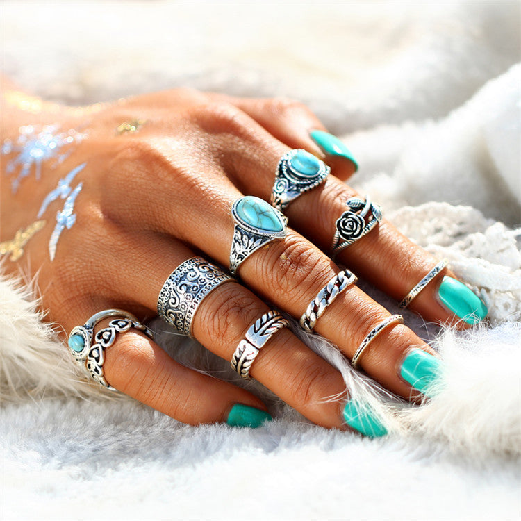 A-SHU TIBETAN VINTAGE INSPIRED 10 PCS RING SET - SILVER - A-SHU.CO.UK