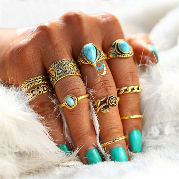 A-SHU TIBETAN VINTAGE INSPIRED 10 PCS RING SET - GOLD - A-SHU.CO.UK