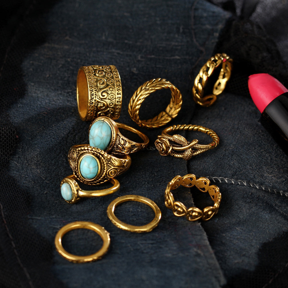 A-SHU TIBETAN VINTAGE INSPIRED 10 PCS RING SET - GOLD - A-SHU.CO.UK