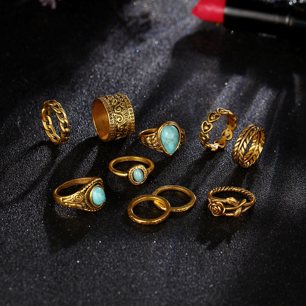 A-SHU TIBETAN VINTAGE INSPIRED 10 PCS RING SET - GOLD - A-SHU.CO.UK