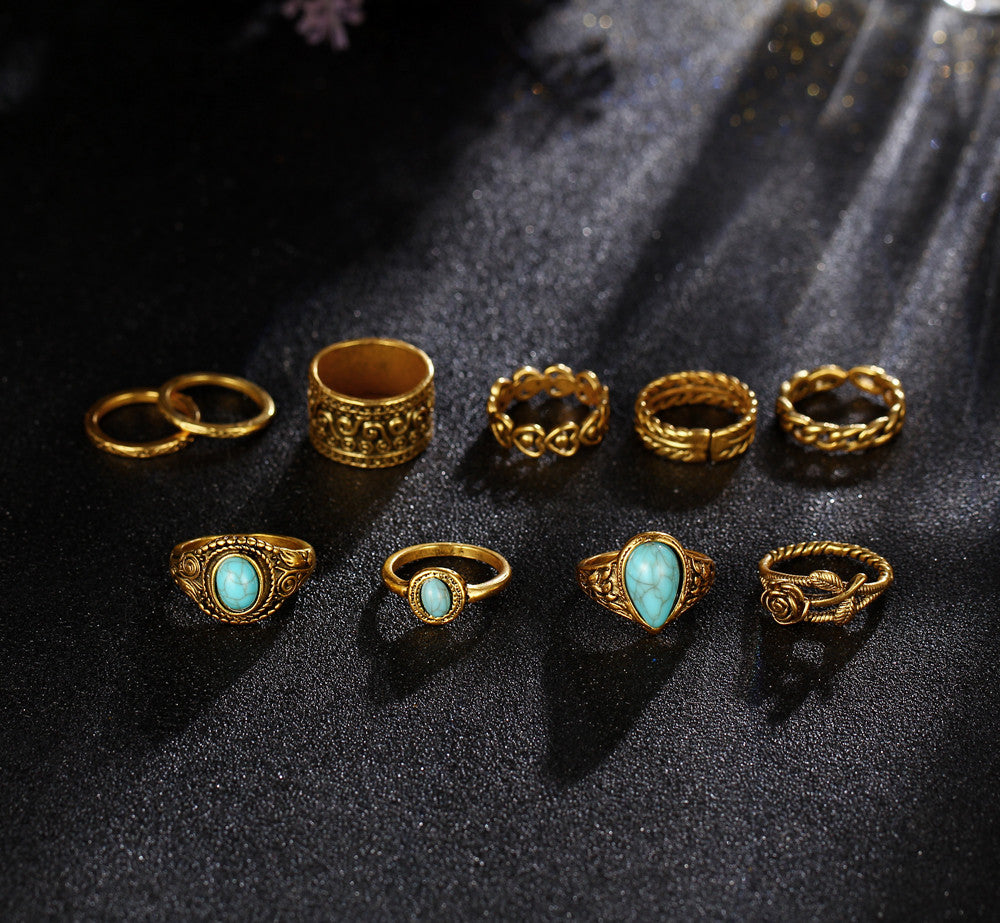 A-SHU TIBETAN VINTAGE INSPIRED 10 PCS RING SET - GOLD - A-SHU.CO.UK