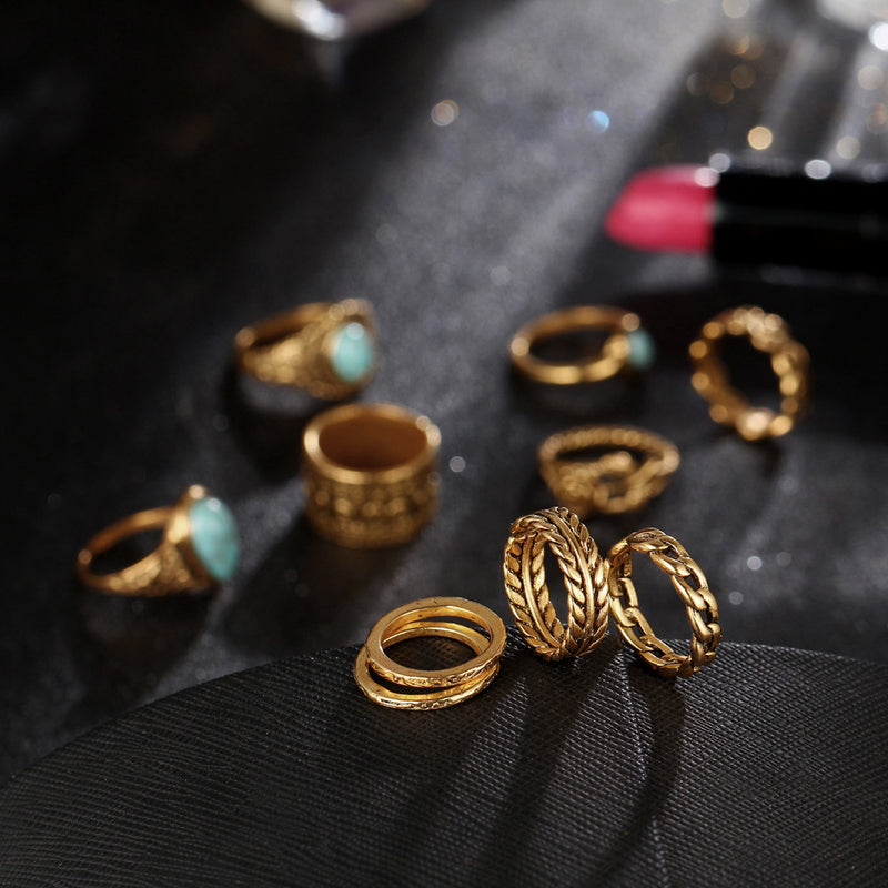 A-SHU TIBETAN VINTAGE INSPIRED 10 PCS RING SET - GOLD - A-SHU.CO.UK