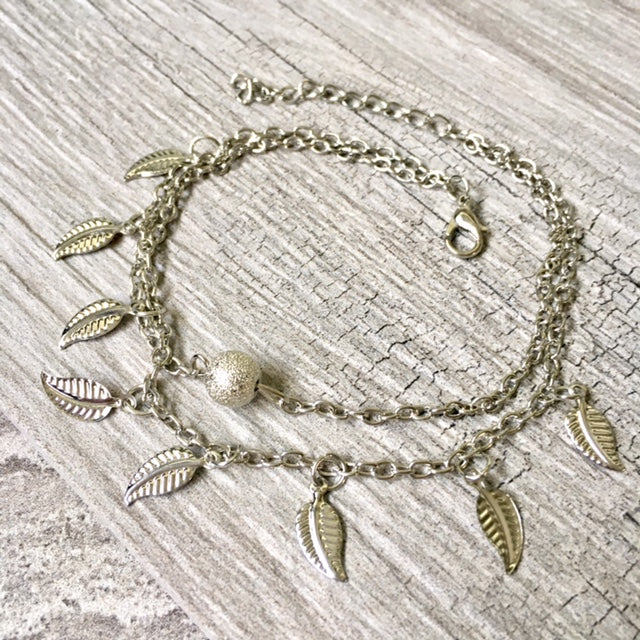 A-SHU SILVER MULTI LAYER BOHO ANKLET / ANKLE BRACELET WITH LEAF AND BALL DESIGN - A-SHU.CO.UK