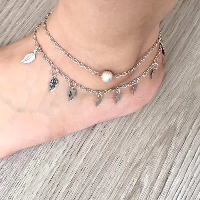 A-SHU SILVER MULTI LAYER BOHO ANKLET / ANKLE BRACELET WITH LEAF AND BALL DESIGN - A-SHU.CO.UK
